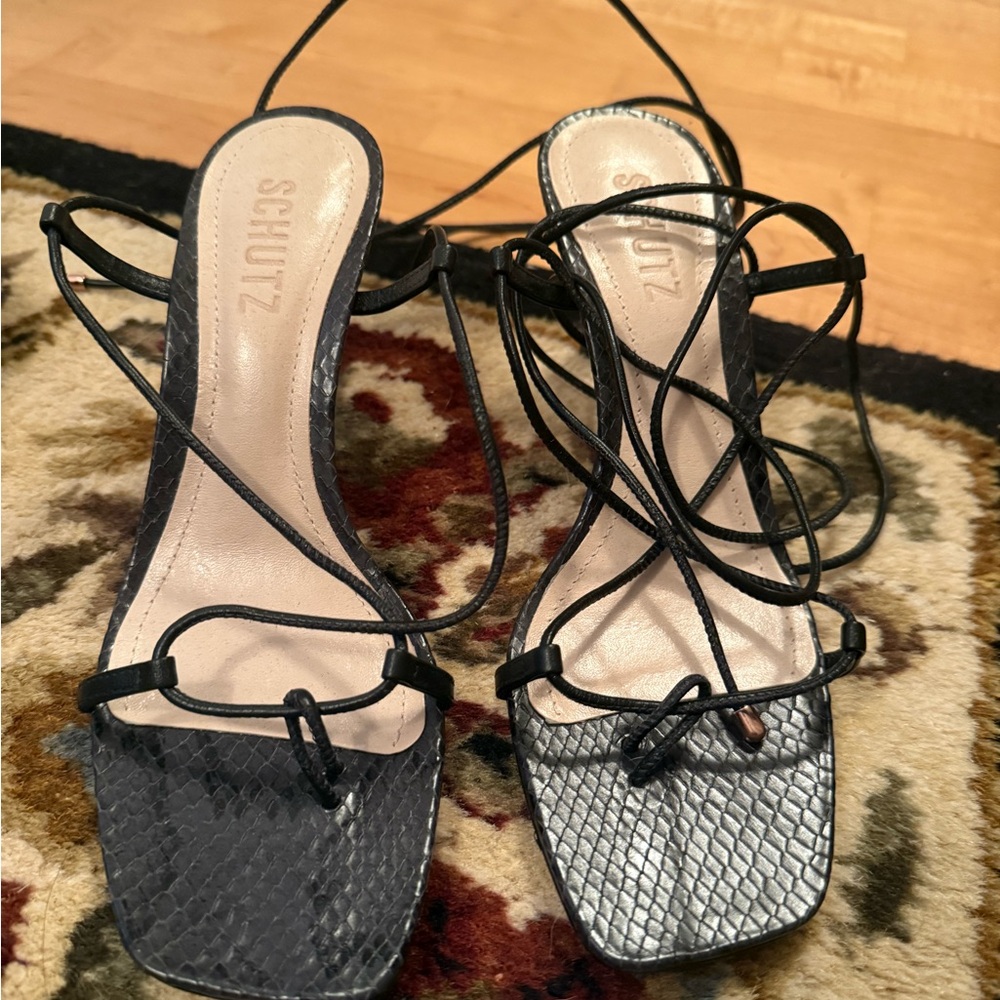 Schutz Black Snakeskin Strappy Heels